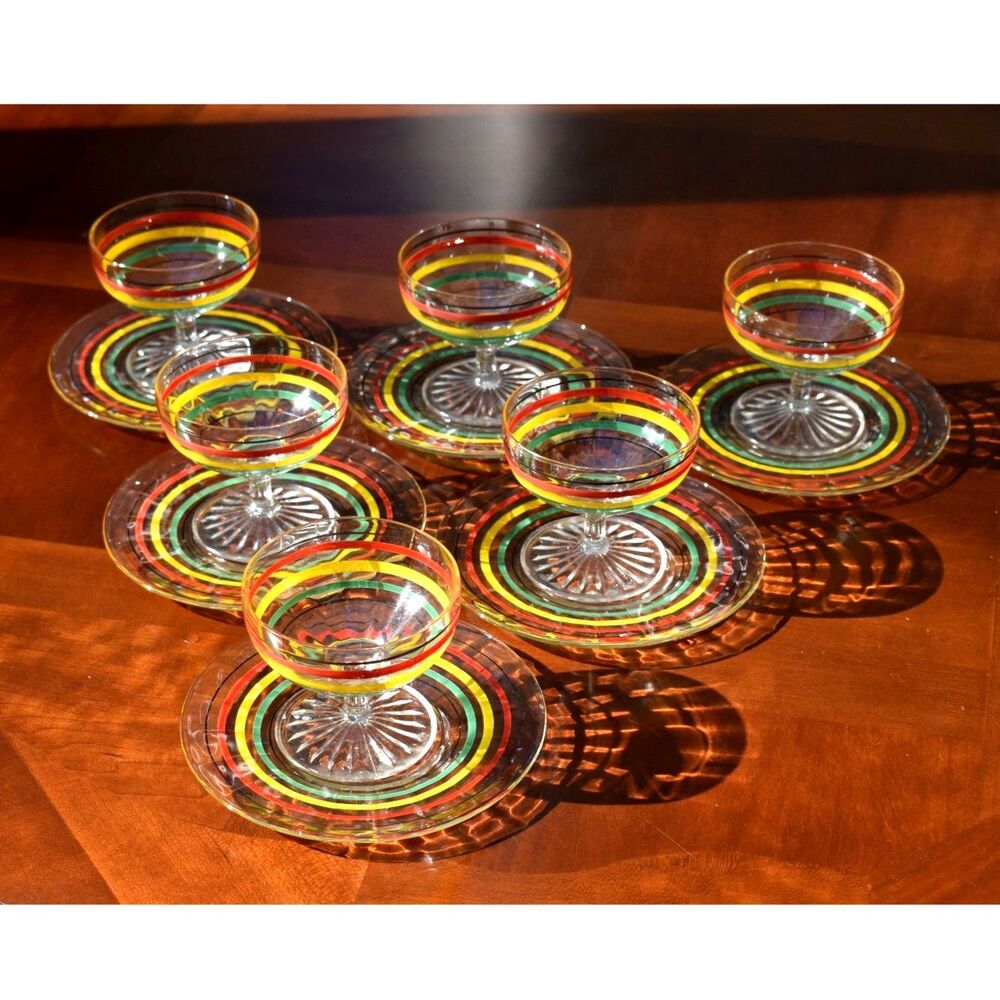 12-Piece Vintage Fiesta Go-Along Glass Set, Red, Yellow, Green, and Black Bands